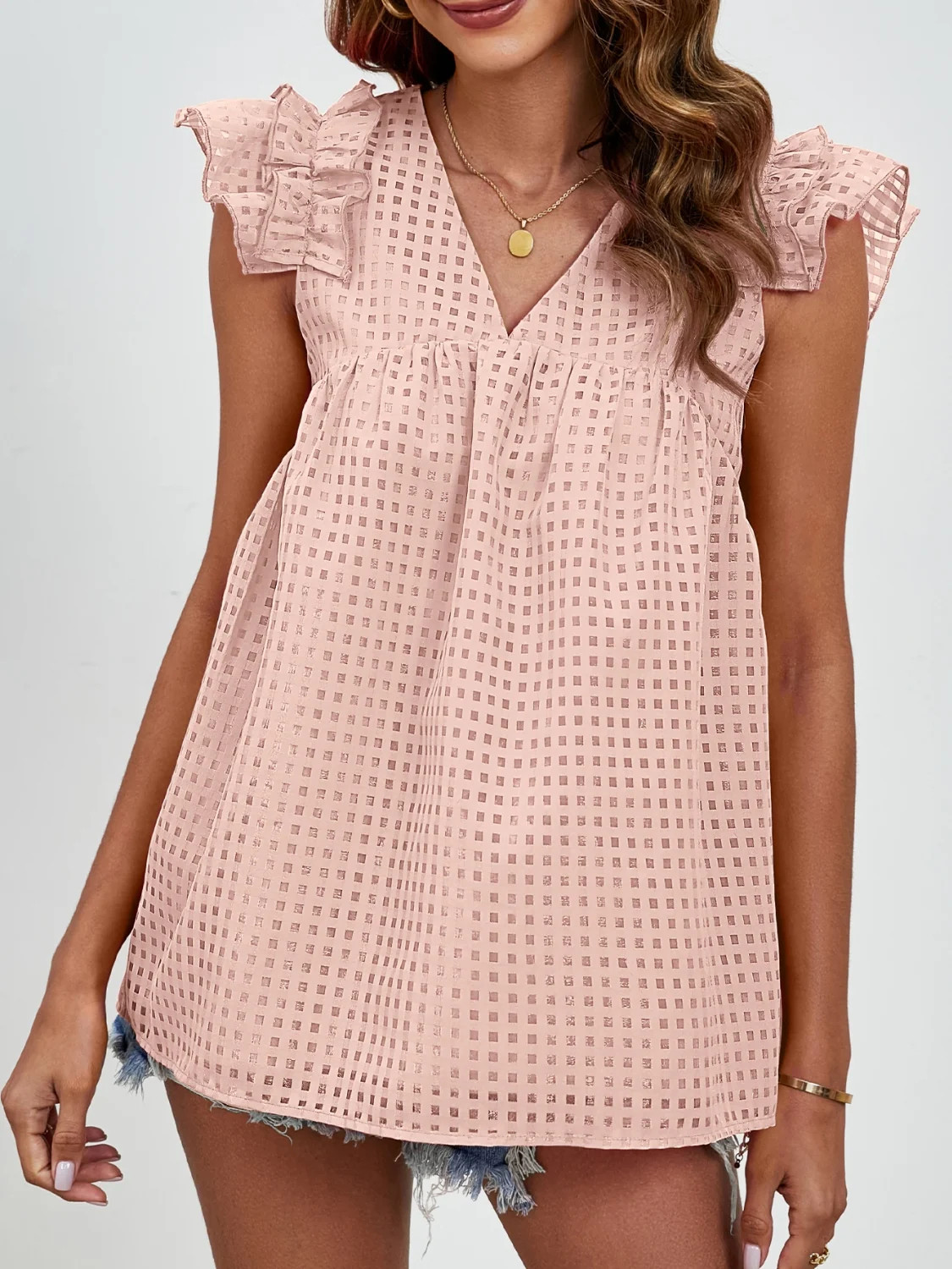 Women Ruched V-Neck Cap Sleeve Blouse