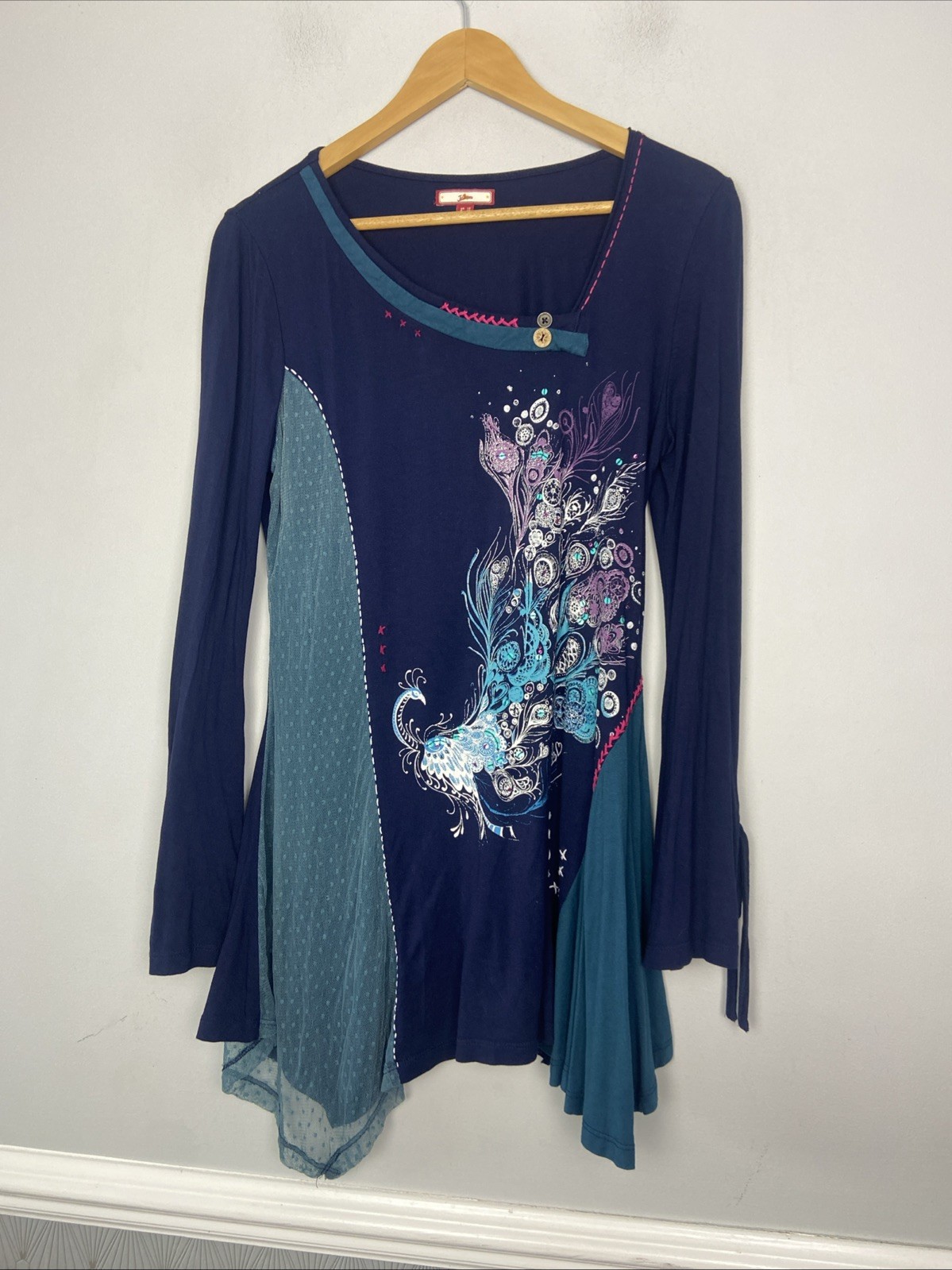 Joe Browns Top Womens Size 12 Blue Peacock Long Sleeve 90’s Y2K Floaty Gypsy
