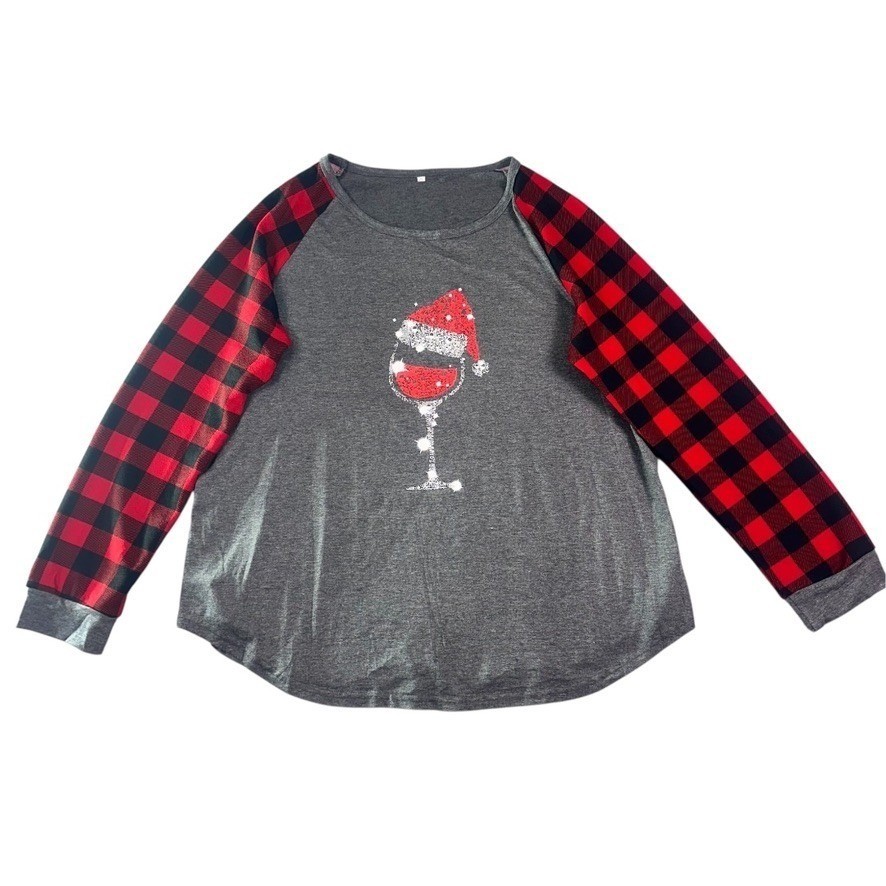 Plaid Wine Glass Santa Hat Raglan Tee Gray Red Long Sleeve NWOT