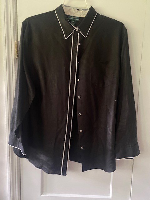 Vintage Ralph Lauren 2X 100% Linen Blouse Black Dress Shirt Button White Edging