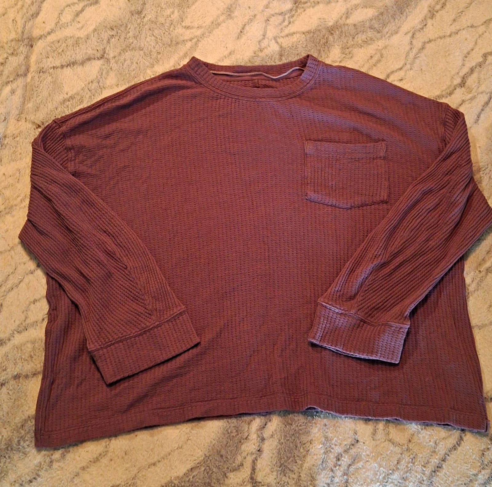Free People Women’s Purple Waffle Knit Cotton Crew Neck Pocket Top Size S