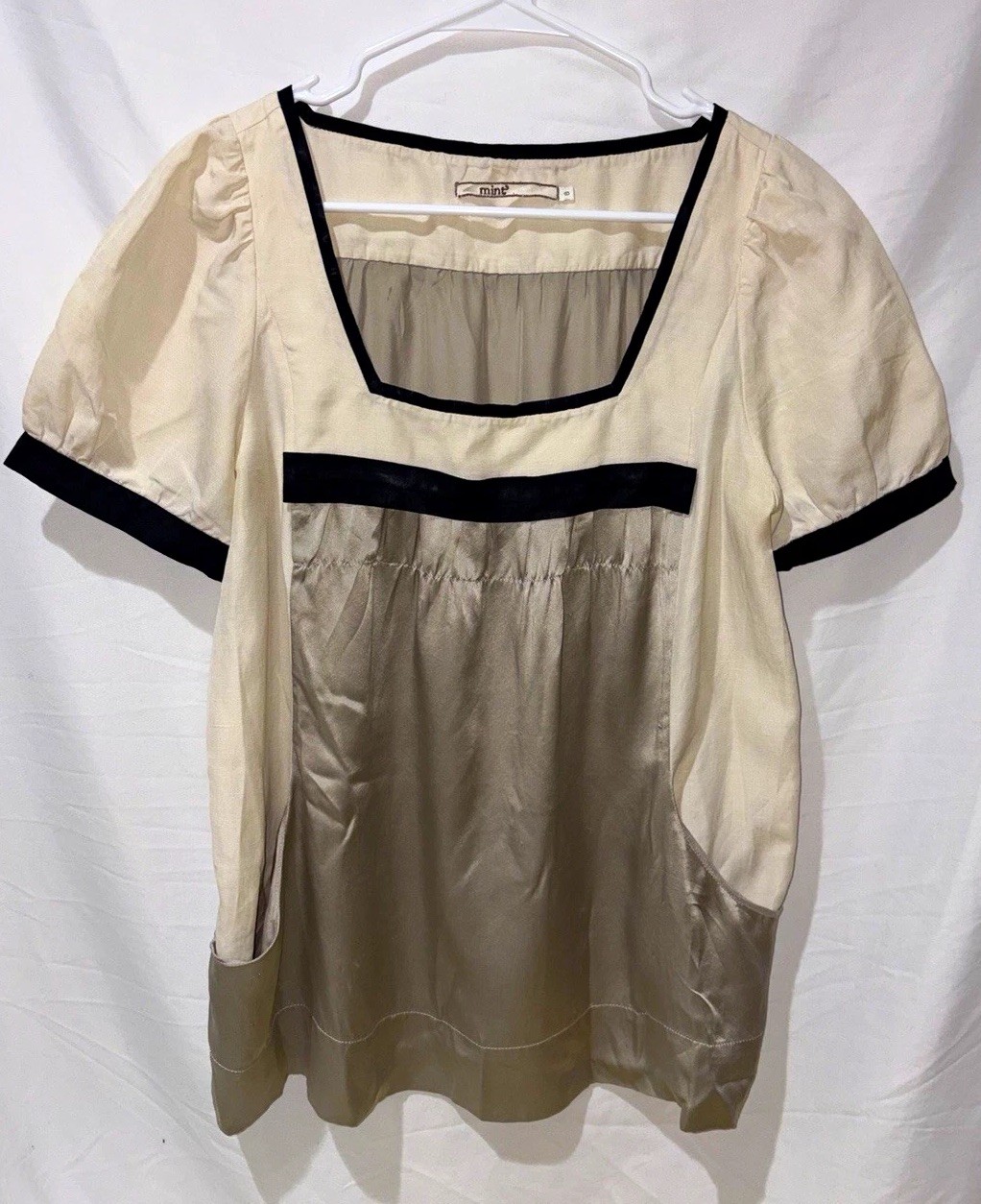 Mint by Jodi Arnold Silk & Linen Cream & Tan Blouse w/ Square Neckline sz 8