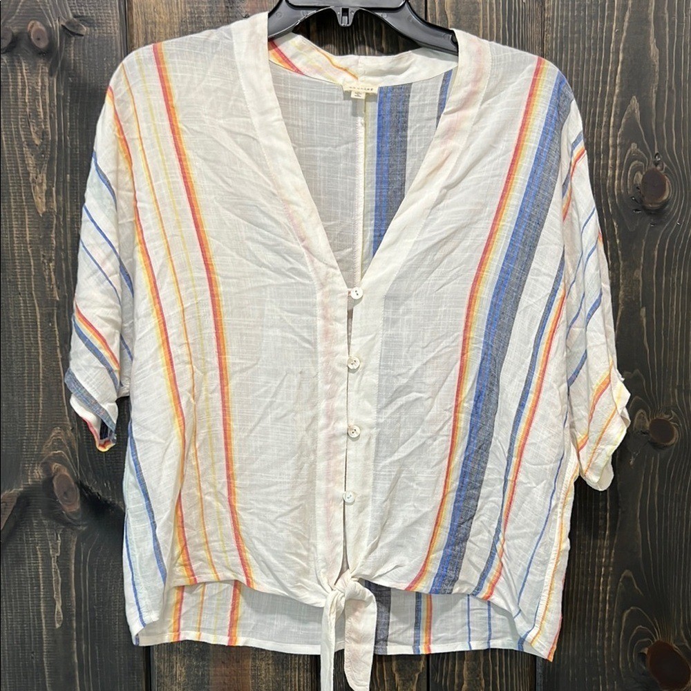 En Creme White Multi Striped Top S Button Up Tie Front Beathable Light Casual
