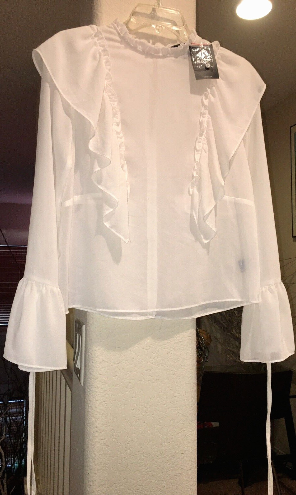 Crepe Chiffon Top In Ivory with Ruffle Shoulders and Bell Cuffs, S