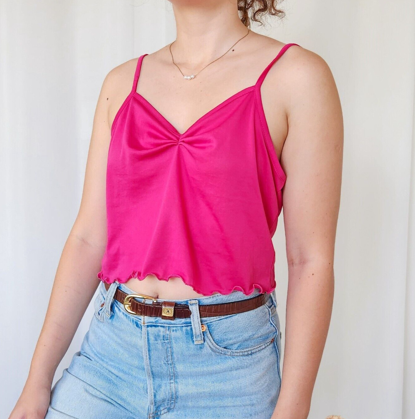 CAROLINE MORGAN Upcycled Y2K Pink Ruched Lettuce Hem Crop Top Size 14