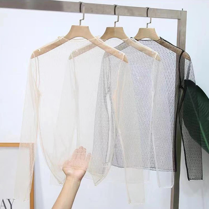 Mesh Sheer Floral Lace Top Women Long Sleeve See Through Sunscreen Blouse