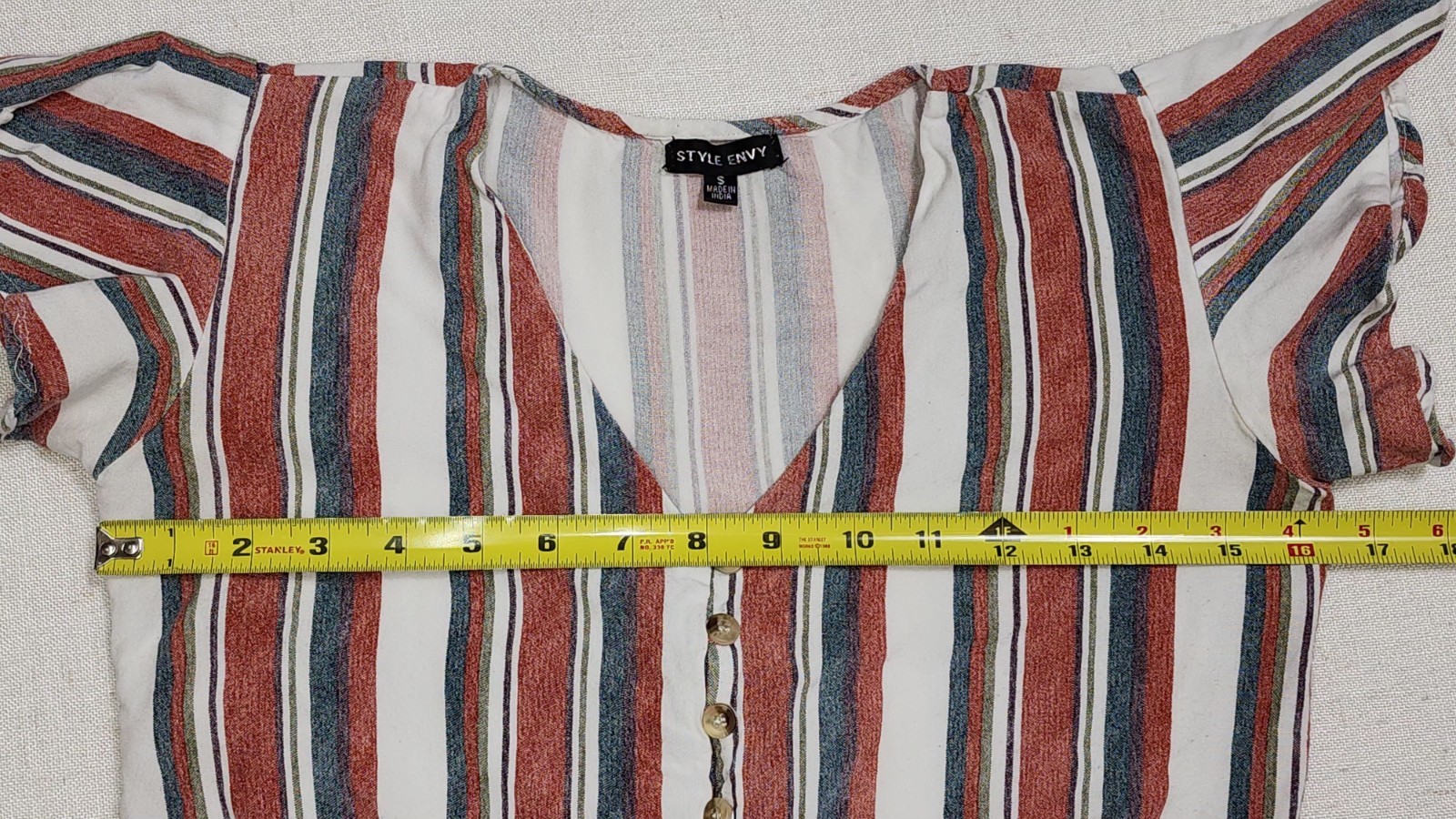 Style Envy S Striped Front Tie Top Red Blue White Buttons V Neck Cap Sleeves…