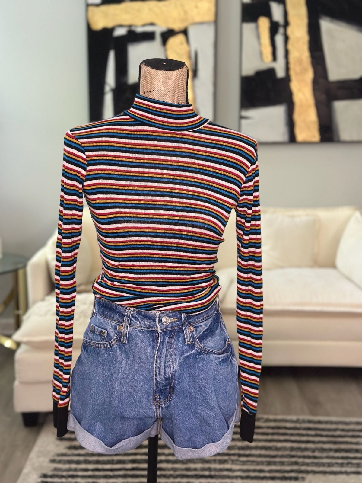 rue21 Women’s Long Sleeve Mock Neck Striped Rib-Knit Shirt Size XS