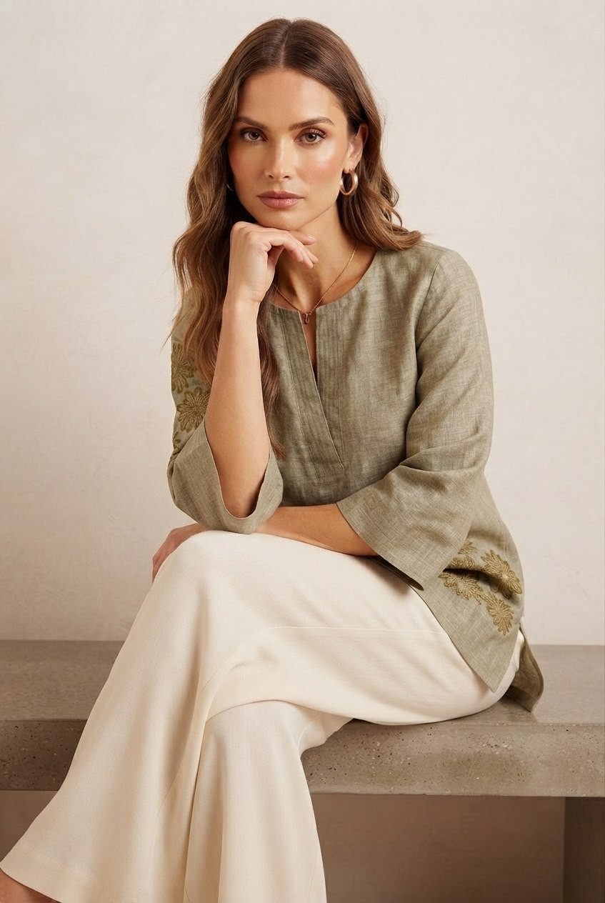 Women Olive Green Linen Cotton Embroidered Top 3/4 Sleeve Floral Tunic