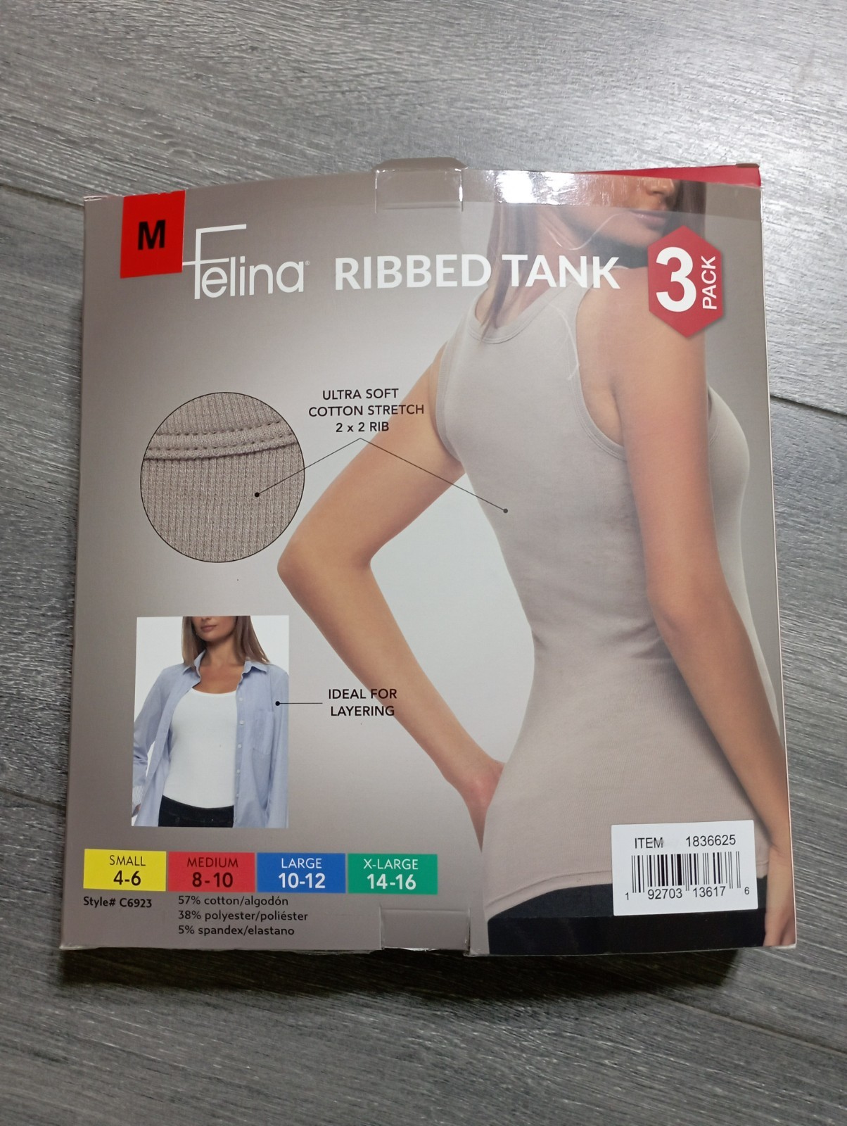 Felina 3 Pack Ribbed Tank Adult Womens Medium Layering Ultra Soft Cotton