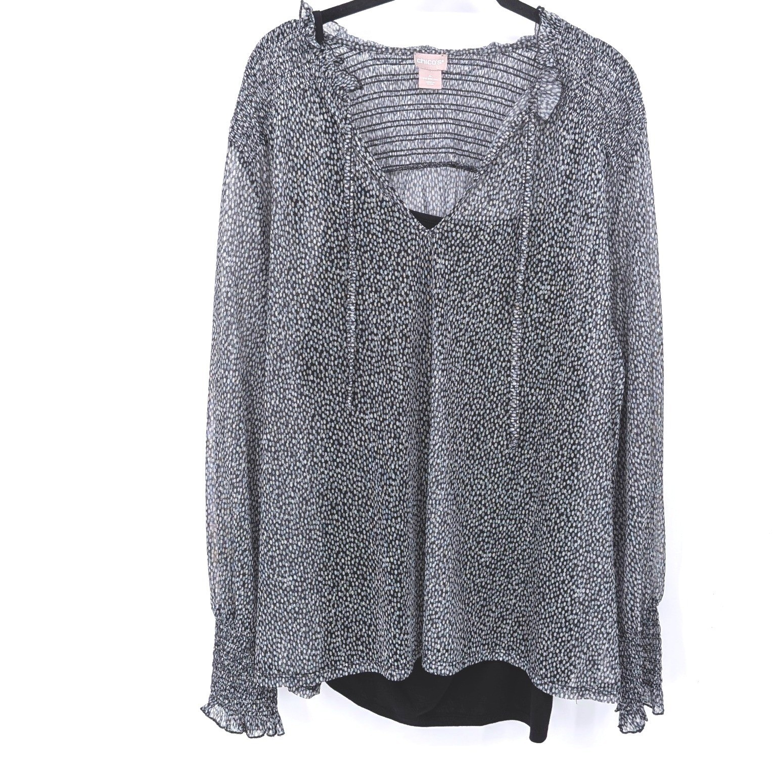 Chicos Blouse Women XXL Black Sheer Smocked V-Neck Long Sleeve Tunic Office