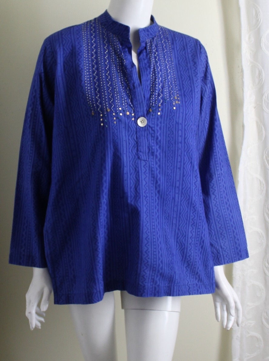 Marketplace India Dignity Sz M Art-to-Wear Hand-Made Artist Shirt Top Blue