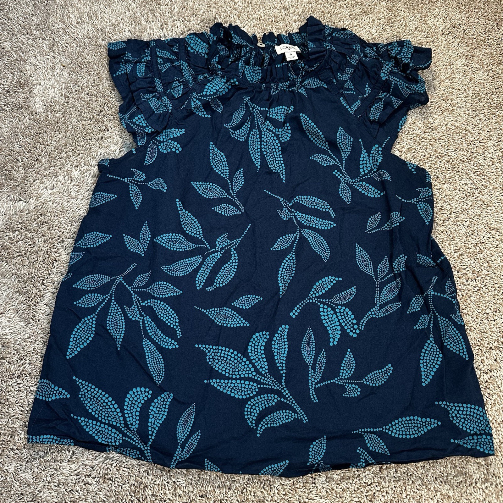 J.Crew Ruffle Neck Floral Leaf Print Blouse Top Womens Small Blue Cotton