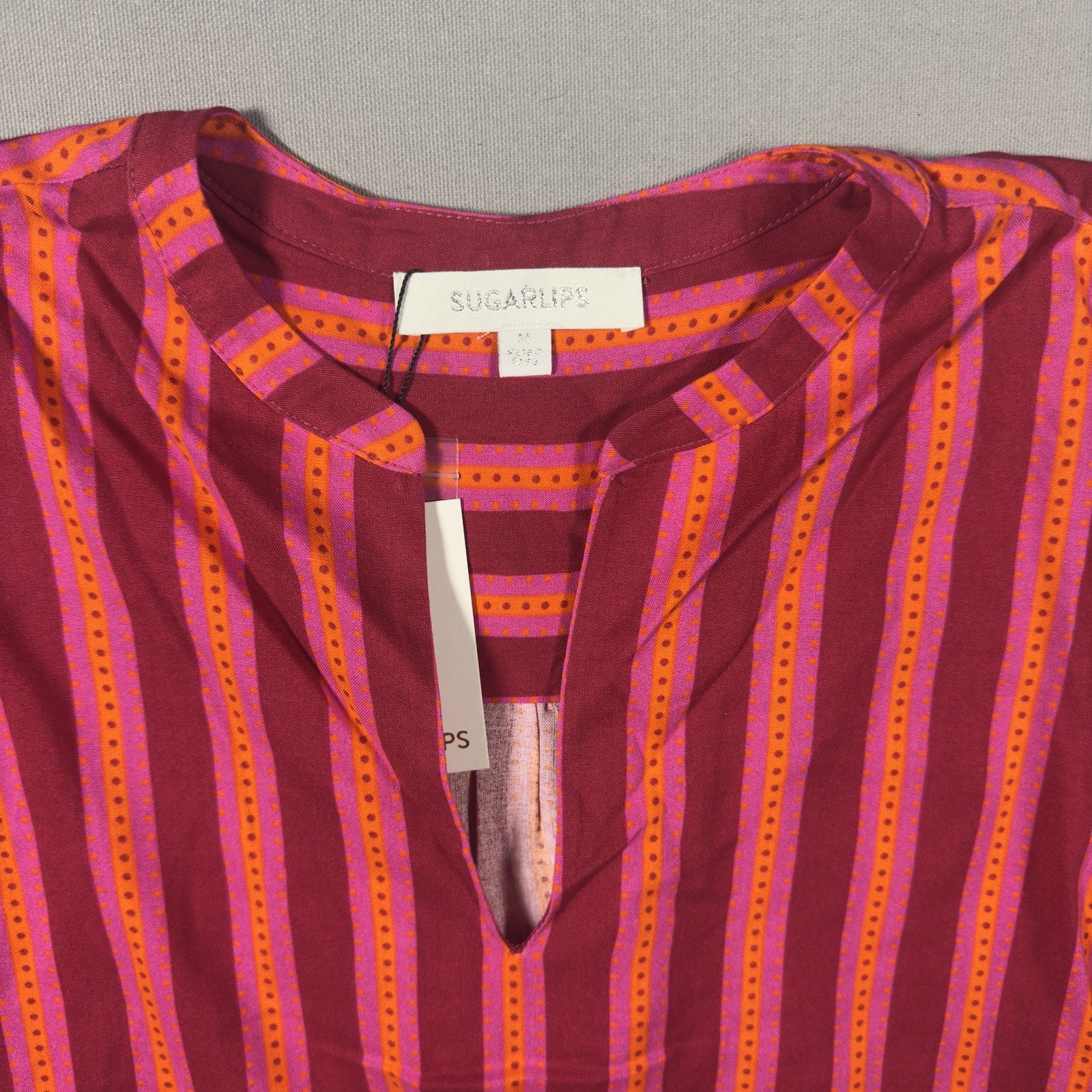 Sugar Lips Striped Blouse Womens Medium Pink Orange Puff Sleeve Rayon NWT