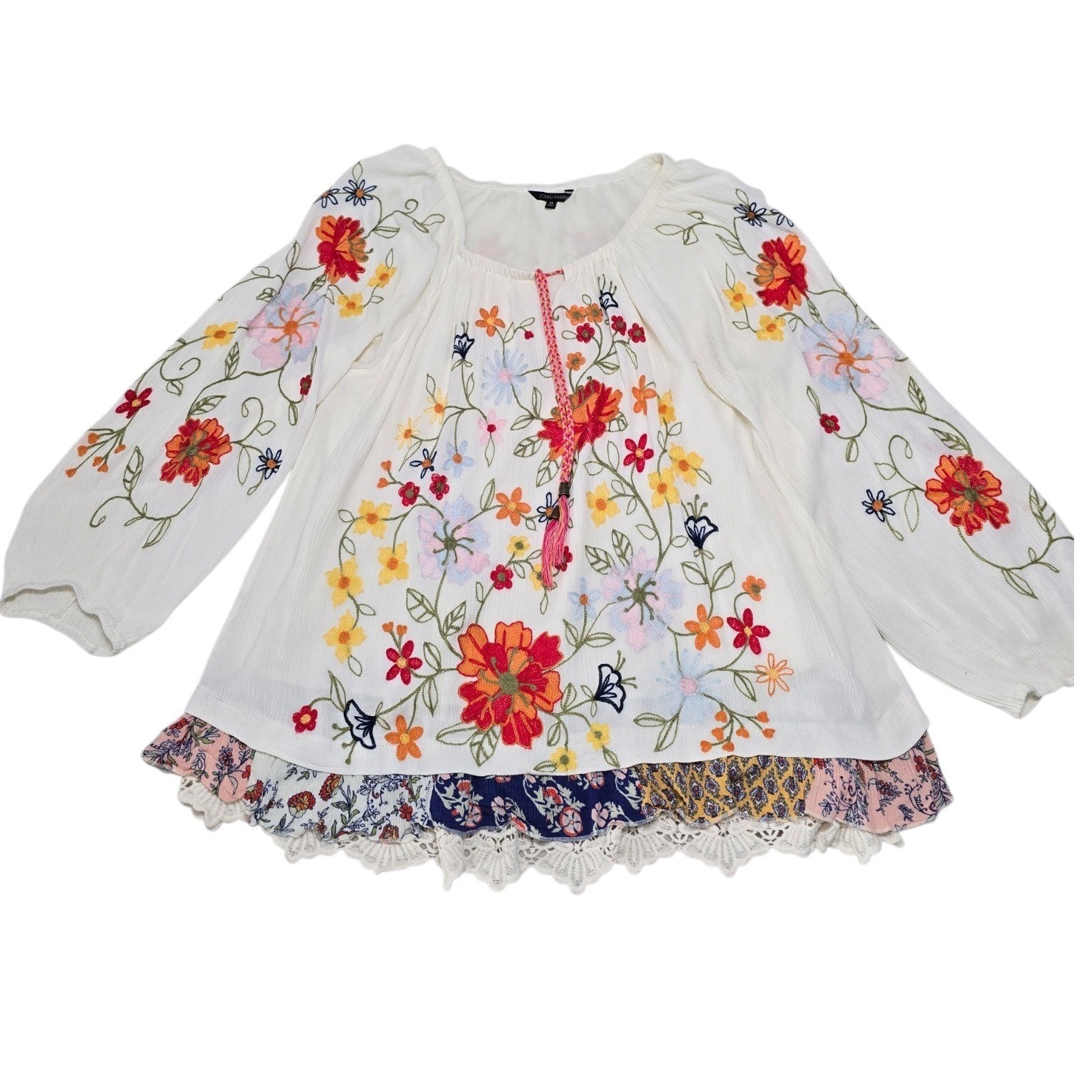 John Mark Floral Embroidered Peasant Blouse White XL Lace Trim Tassel Tie Boho