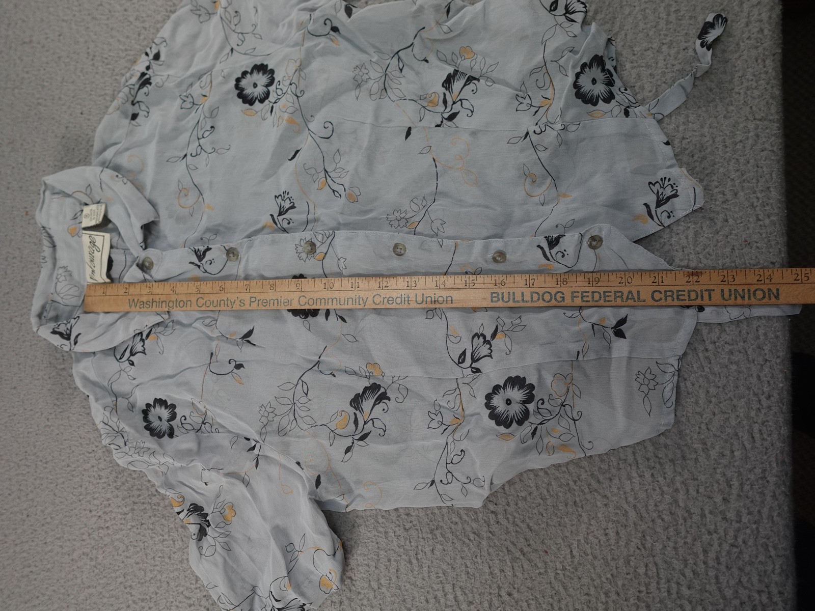 Vintage Sheer Shirt Womens Medium Gray Floral Button Front Tie Waist Lightweight