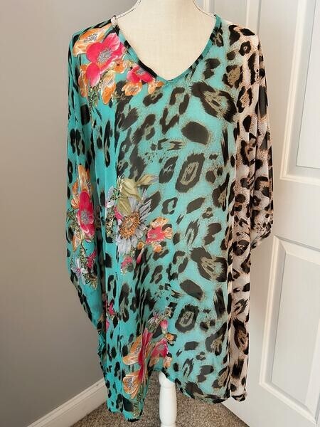 VINTAGE SIGNATURE JMB~LARGE~MIXED PRINT PULLOVER KIMONO-SWIMSUIT COVERUP-TOP~L