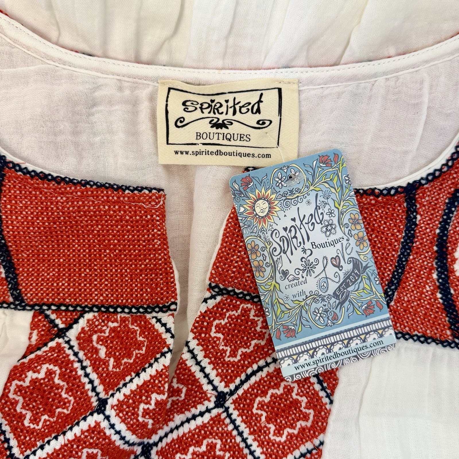 APNY Hi-Low Blouse Sz M Embroidered Tunic 3/4 Bell Sleeves Hippie 4th Of July