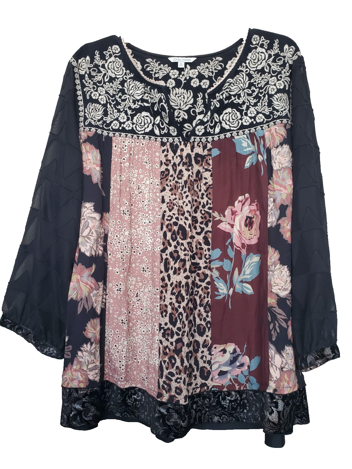 John Mark Boho Embroidered Mixed Patchwork Pattern Velvet Trim Tunic Size 1X