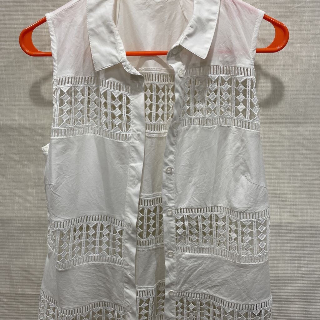 Axel Button Up Shirt White Sleeveless Collar Sheer Chrochet Cut Out Stretch S/38