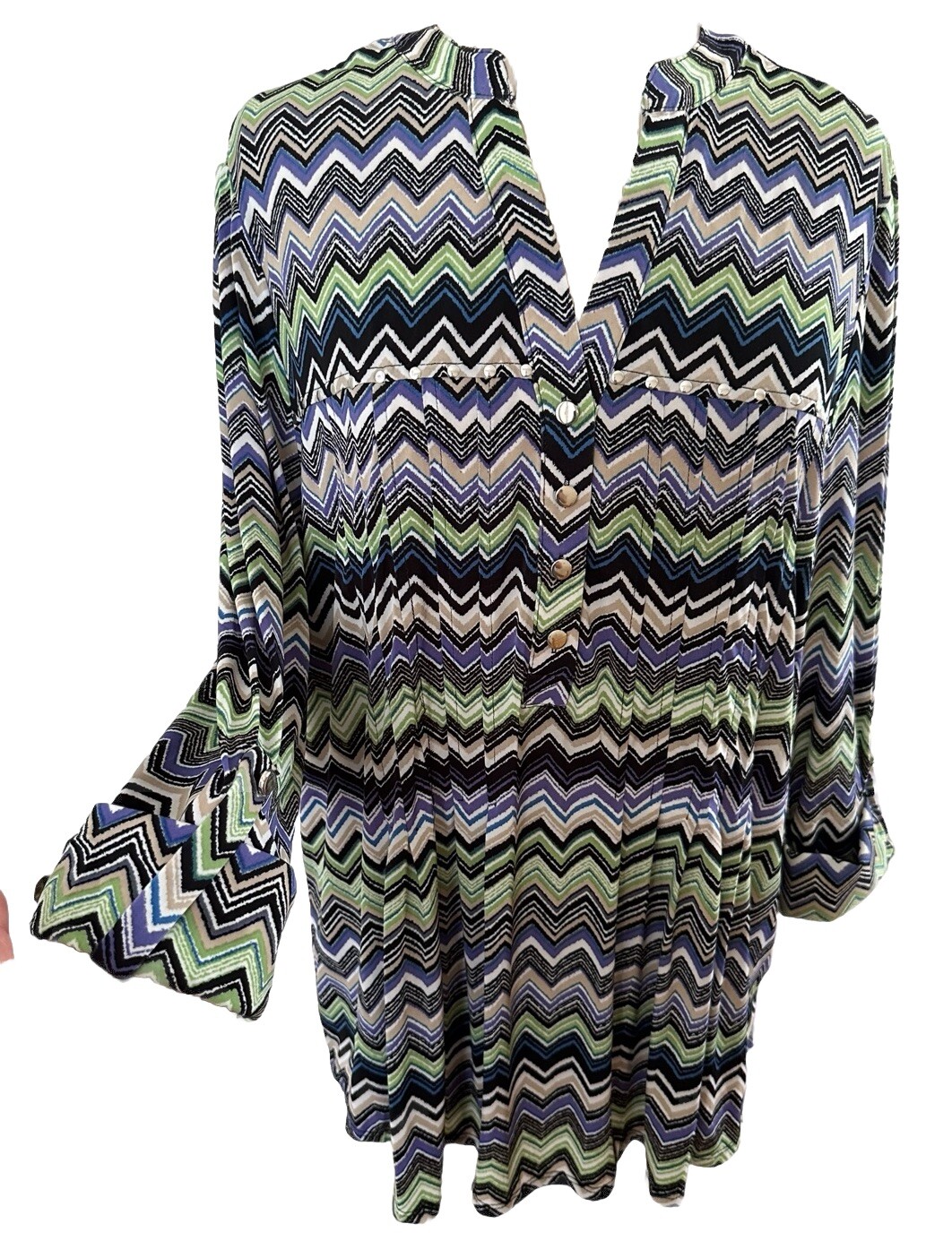 COCOMO 1X Green Blue Purple 3/4 sleeve Studded women’s Pintuck Blouse shirt