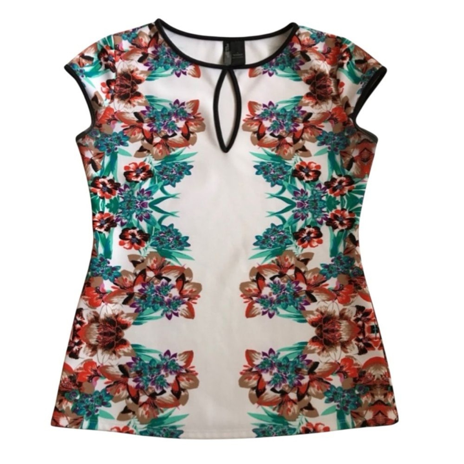Bisou Bisou Asian-Inspired Floral Print Cap Sleeve Top Chic & Elegant Medium