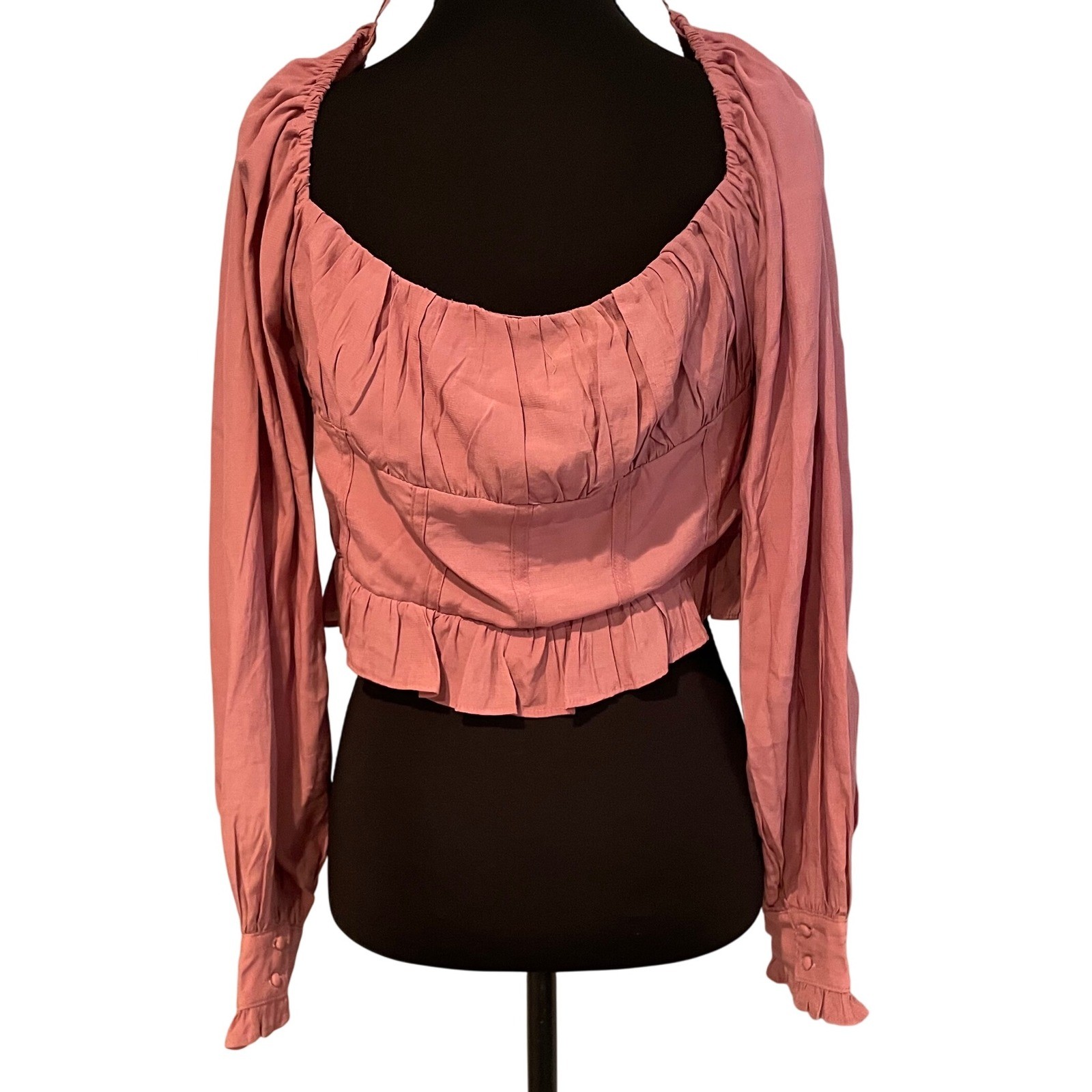 HYFVE Mauve Pink Ruched Bust Tie Front Ruffle Crop Top Long Sleeve Size L