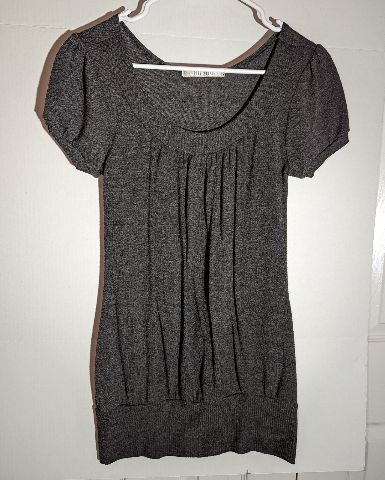 Love Culture pleated front, banded waist top, Size Small, Charcoal Gray