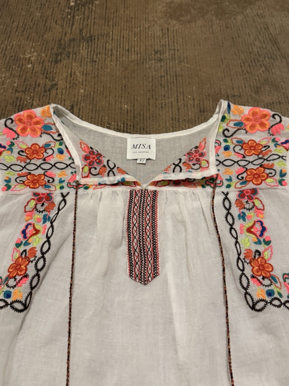 MISA Los Angeles Embroidered Off The Shoulder Tunic Top Blue White Tassel XS