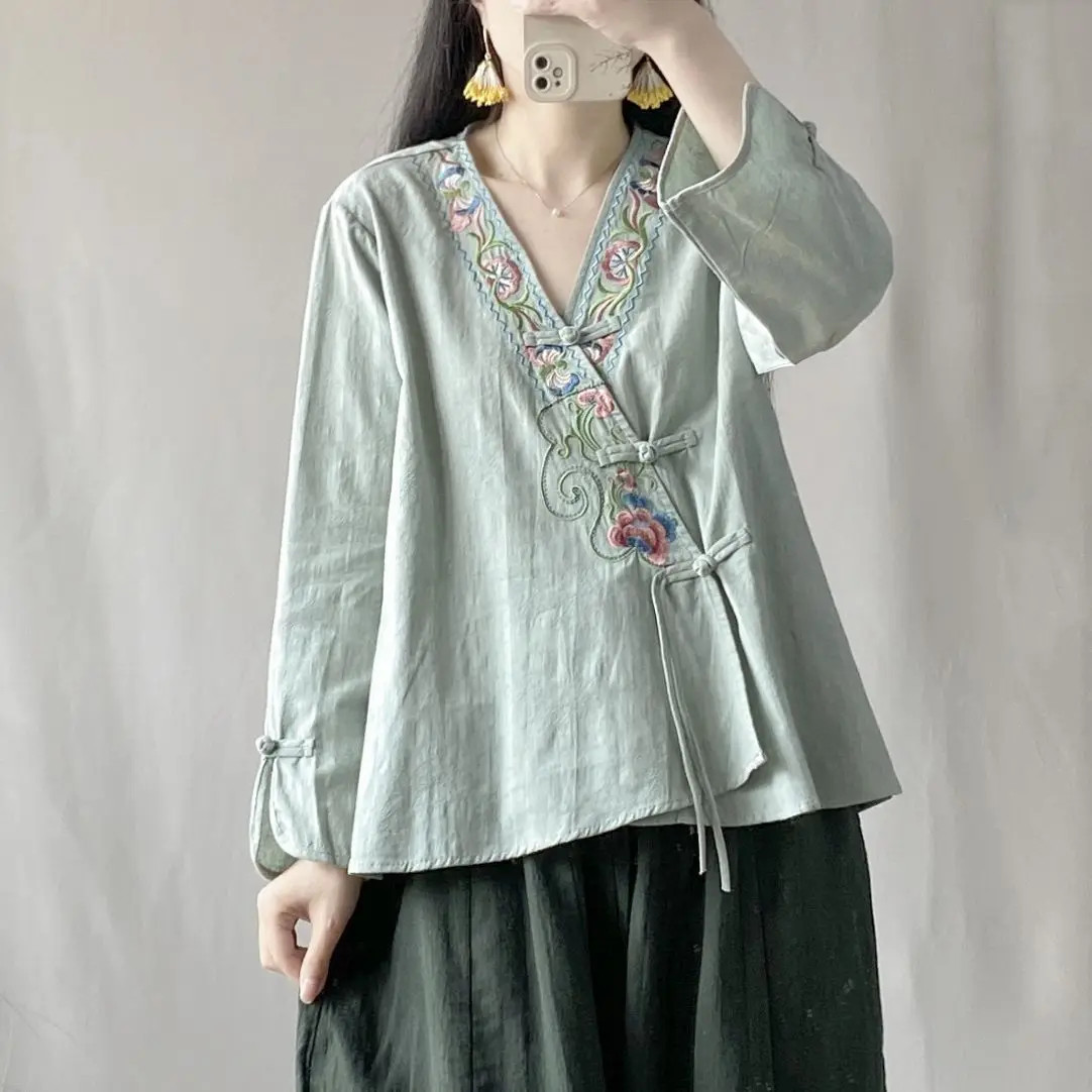 Retro ChineseStyle Embroidered Shirt Hanfu Women Cardigan Short Top Qipao Blouse