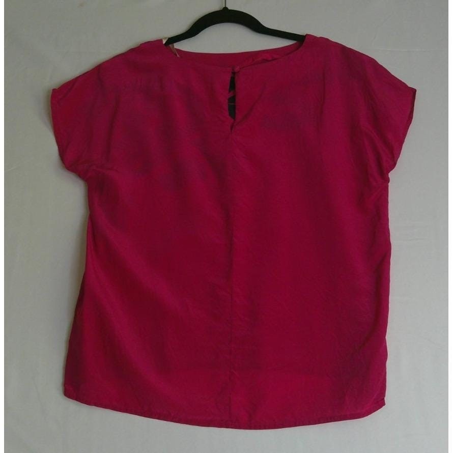 Nilani Womens 11/12 Blouse Pink Black Floral 100% Silk Short Sleeve Top Resort