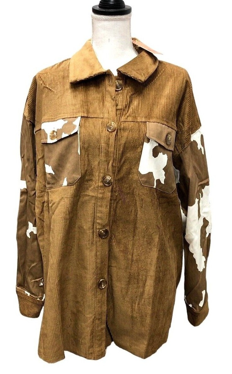 Grace & Emma Womens Saddle Up Button Up Cow Print Western Corduroy Top Choose Sz