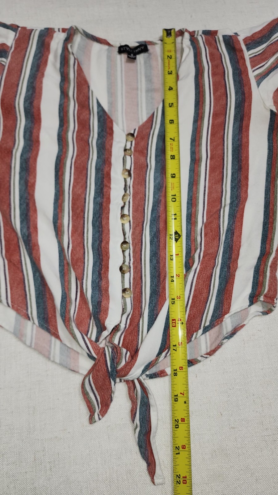 Style Envy S Striped Front Tie Top Red Blue White Buttons V Neck Cap Sleeves…