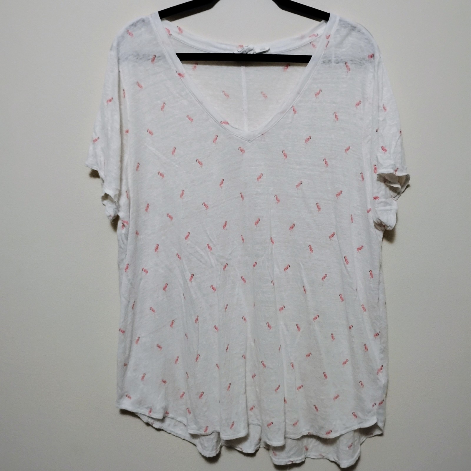 C&C California Linen Flamingo Print Shirt White Pink Coastal Stretch Women 1X