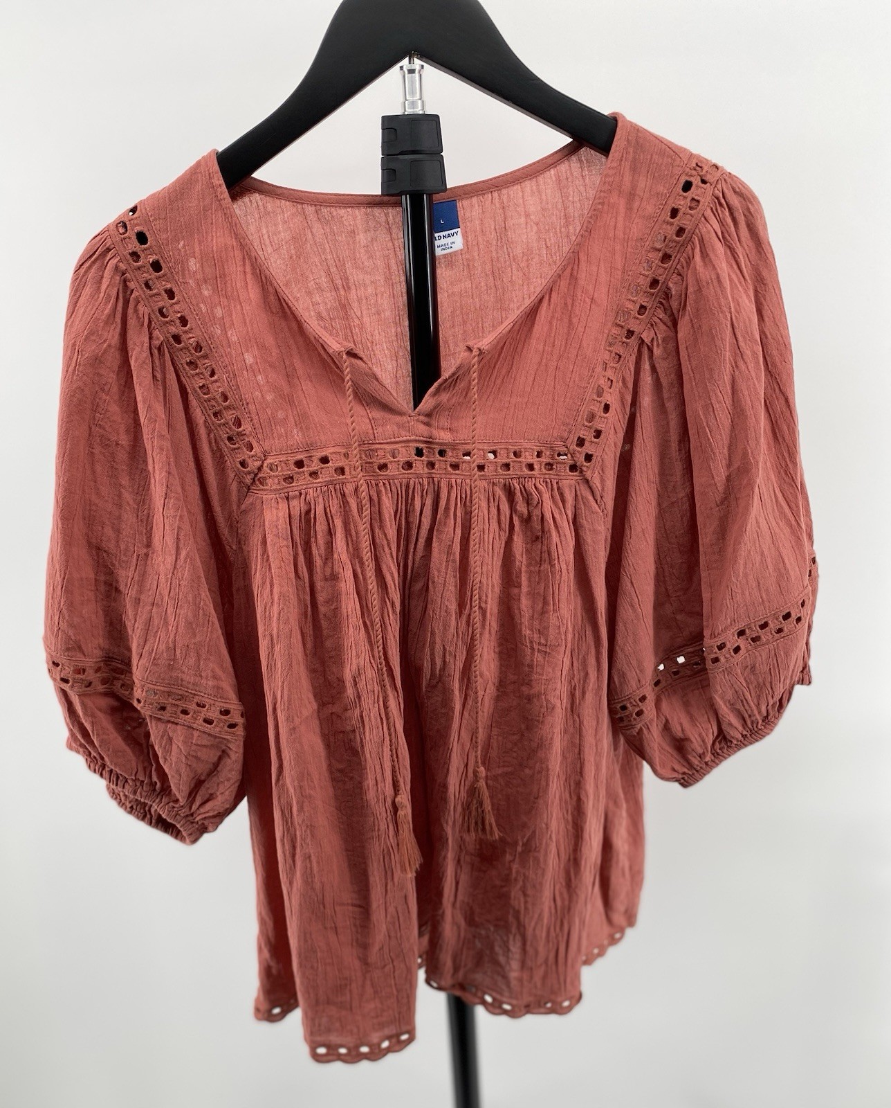Old Navy Women’s Poets Blouse Top Lace Trim Elbow Length Sleeves Size Large