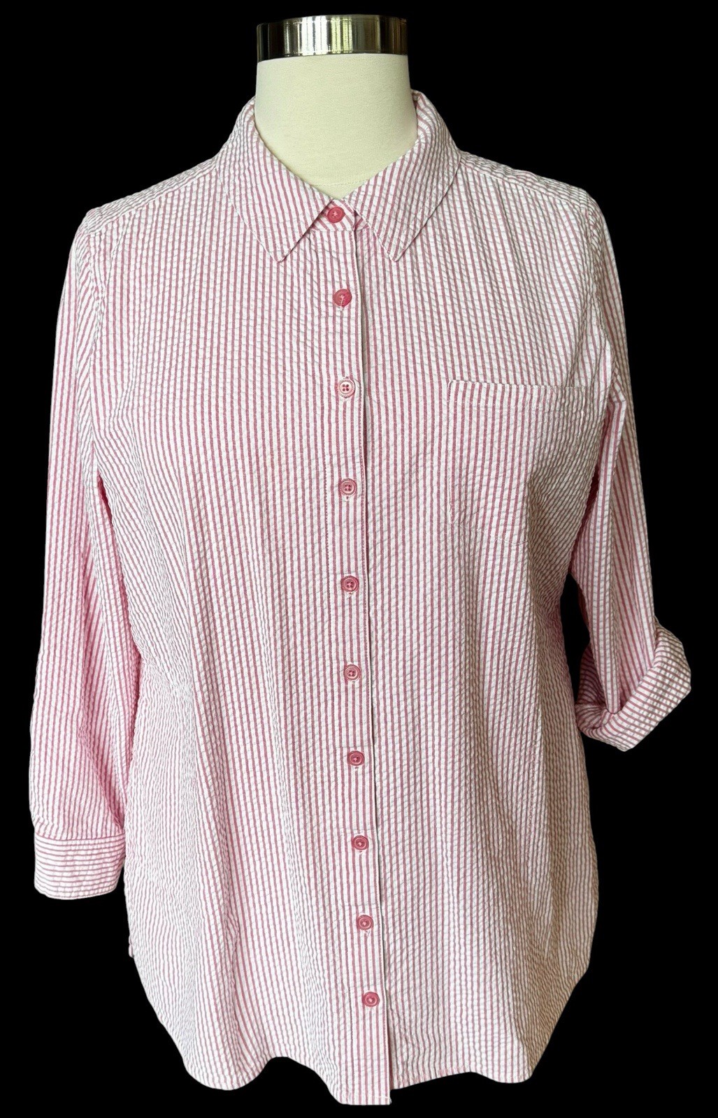 Denim Co Seersucker Button Front Big Shirt Pink White Roll Tab Long Sleeves 1X