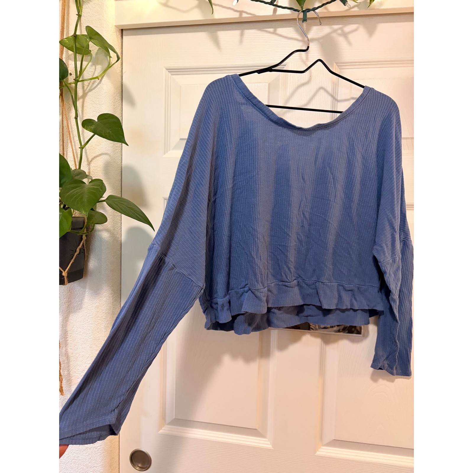Target Auden Blue Ribbed Knit Long Sleeve V-Neck Lounge Top
