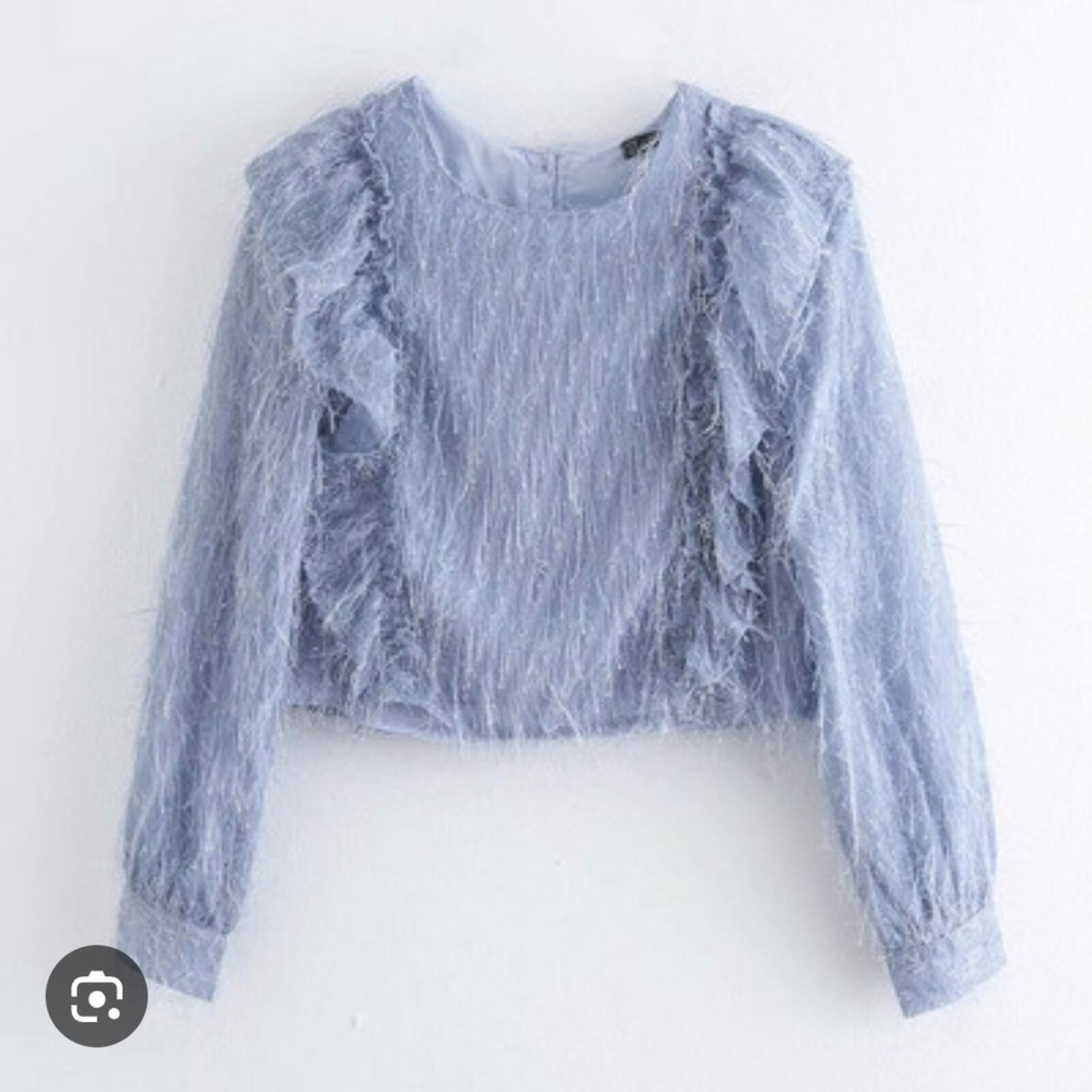 Zara Pale Blue Fringe Feather Ruffle Blouse With Sequins Top size Size Large
