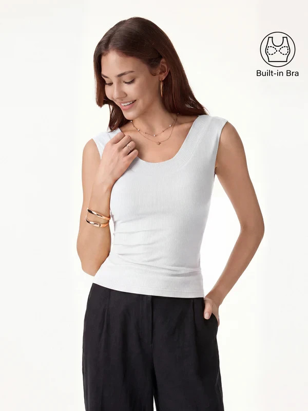 Women’s U Neck Tank Top Built In Bra Sleeveless Stretch Camisole, White,Freeship