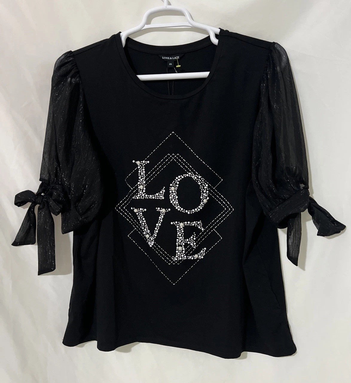 Love And Lace Black Blouse Mesh Sleeves W Bows Metallic Threading Sz 2X Beaded