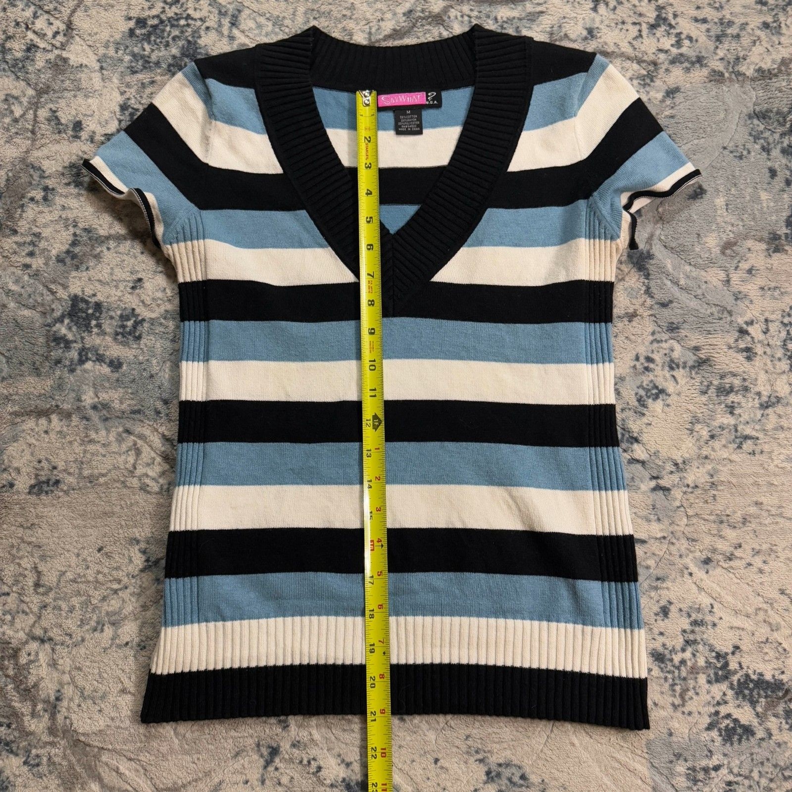 Y2K Say What 90s Vtg Blue White Blk Striped Short Sleeve Sweater 2000s Preppy M