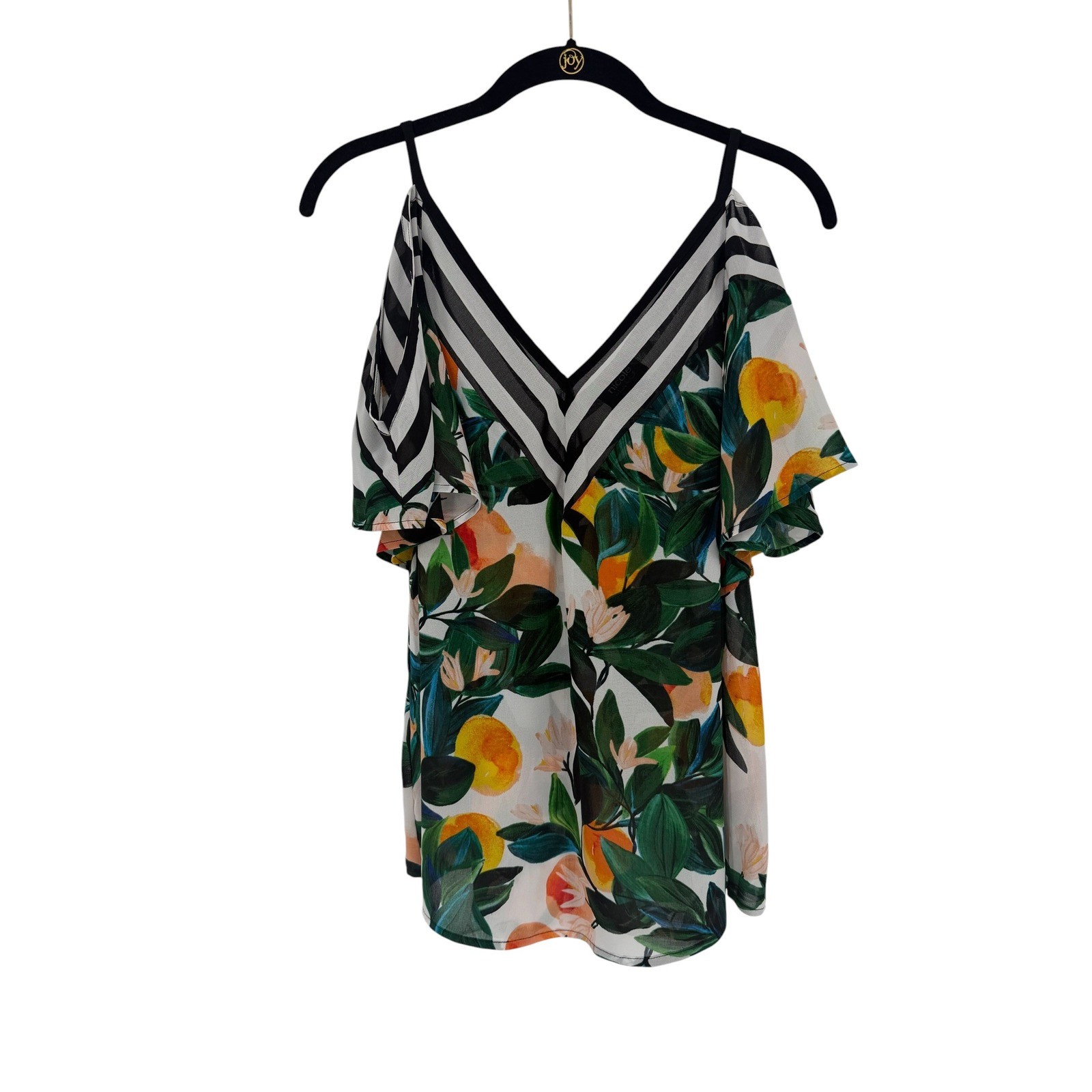 Nicole Miller Orange Citrus Print Cold Shoulder Blouse XS Striped V-Neck