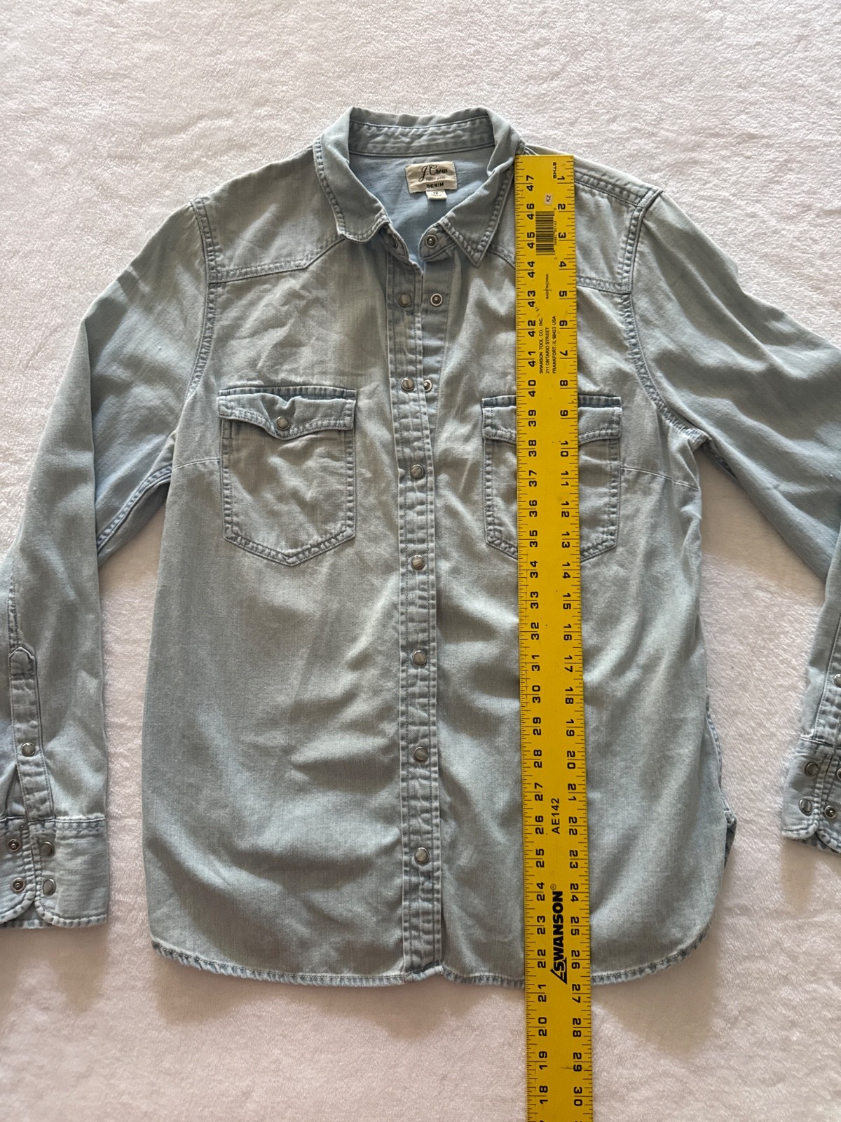 J.Crew Denim Western Shirt Womens 12 Light Wash Pearl Snap Chambray Cowgirl