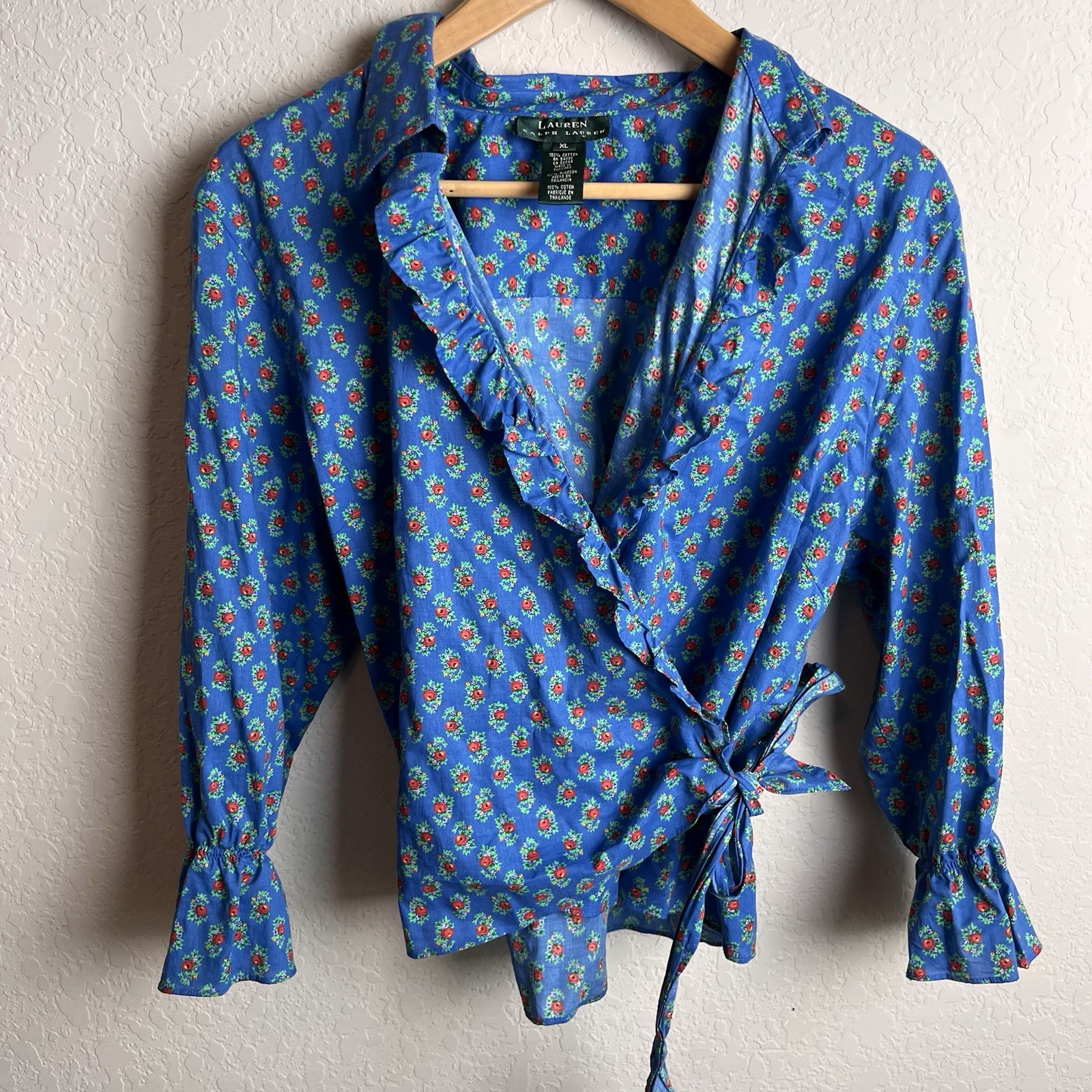 LRL Ralph Lauren Wrap Top XL Blue Red Floral Bell Sleeve Ruffles Vintage Women’s