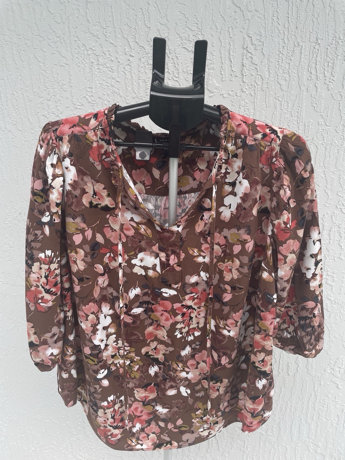 Torrid Womens Brown Floral Ruffle Tie Neck 3/4 Sleeve Blouse Top Size 0 L 12