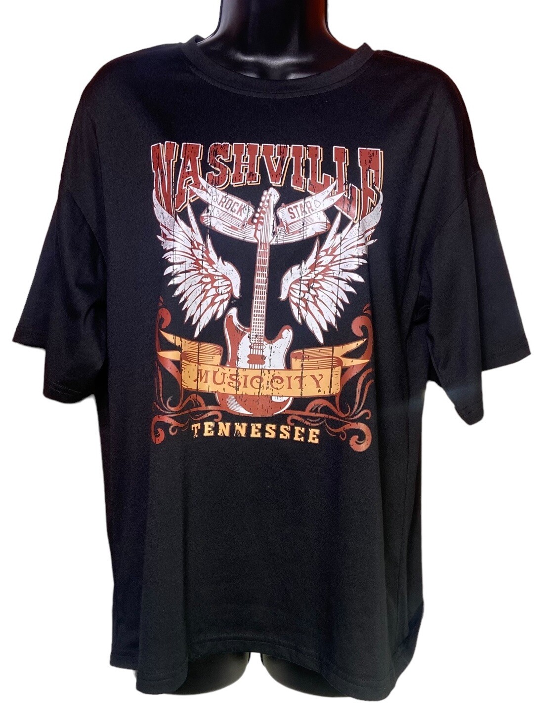 SHEIN Women Top Black T-Shirt Nashville Music City Flaming Guitar Size Small