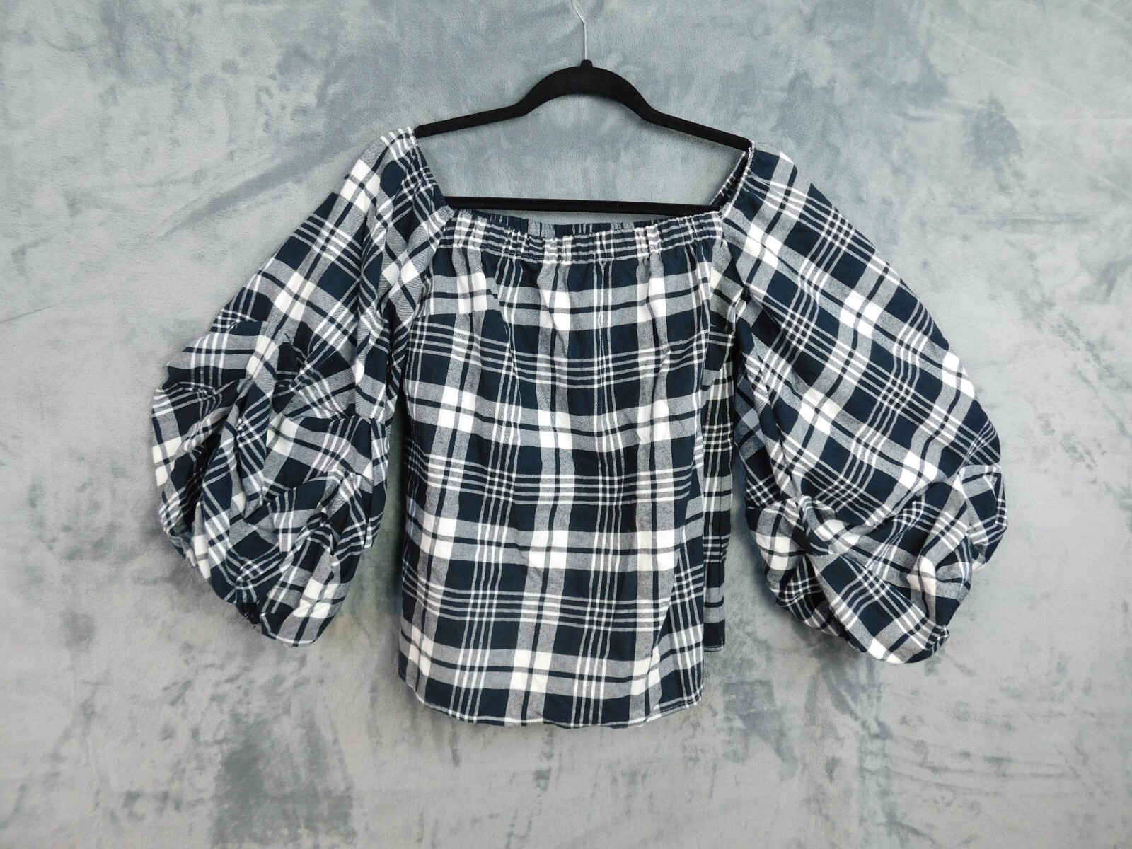 Greysn Blouse Womens Small Black White Off Shoulder Plaid Puff Sleeve Festival