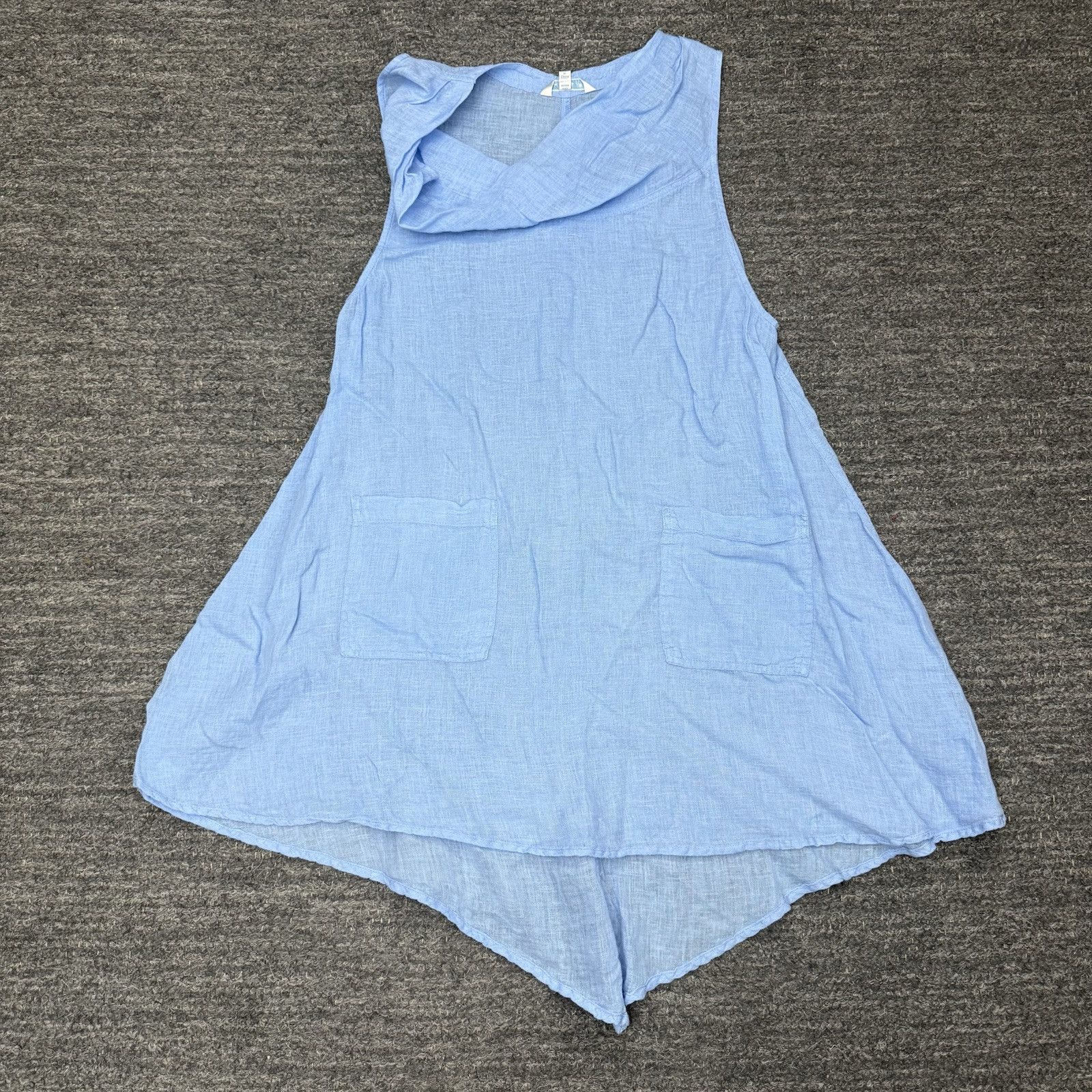 Kleen Shirt Women Small Blue Cowl Tunic Sleeveless Minimalist Linen Beach Pocket