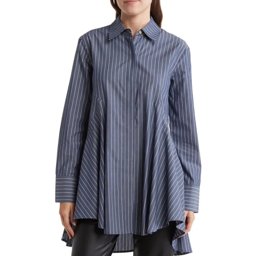 DONNA KARAN Blue Striped Button-Down Signature Tunic Top Large Mini Dress