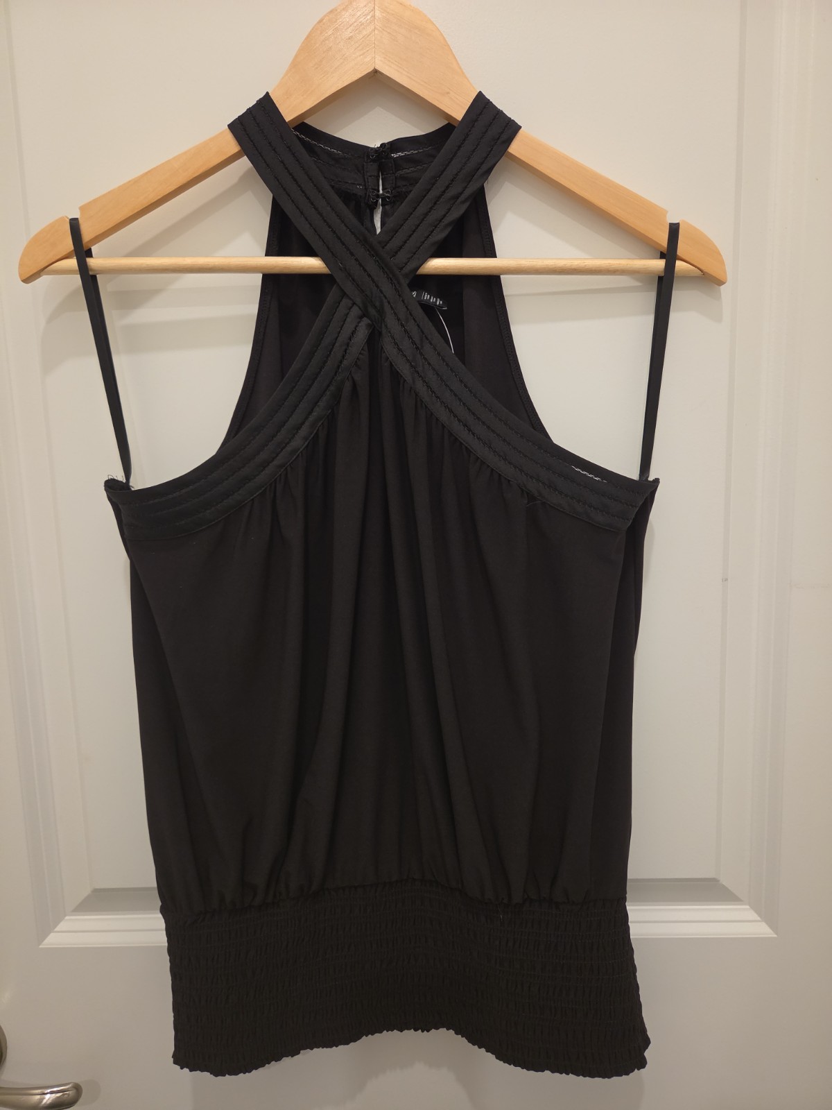 WHBM Cross Front Matte Jersey Halter Top Blouse Black XS